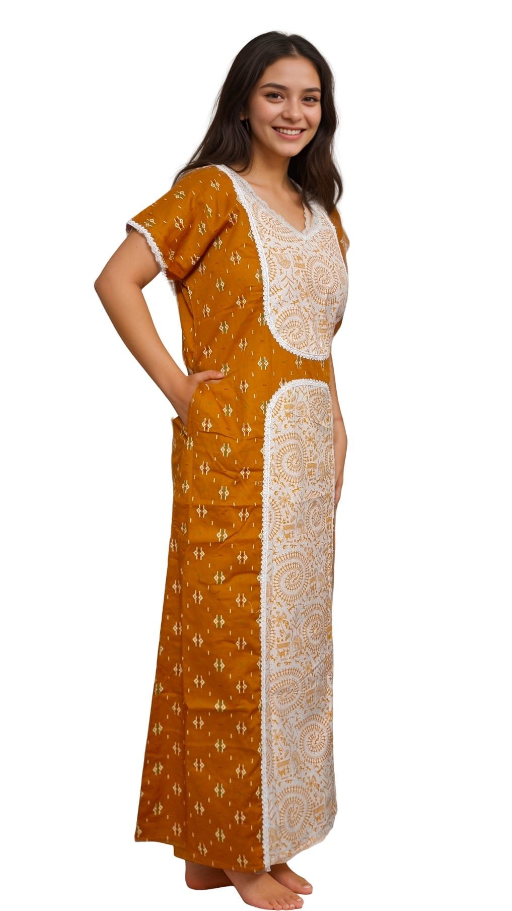 N106 3 Chrome Yellow Patchwork A-Line Pure Cotton Designer Nighty