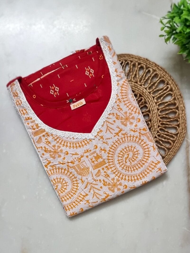 Red Patchwork A-Line Pure Cotton Designer Nighty