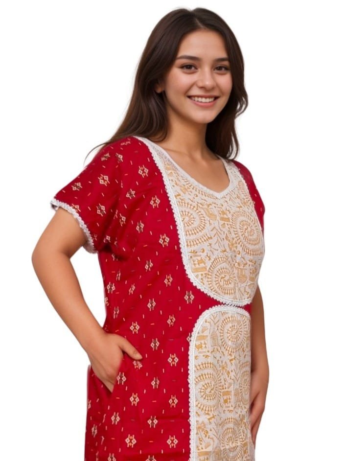 Red Patchwork A-Line Pure Cotton Designer Nighty