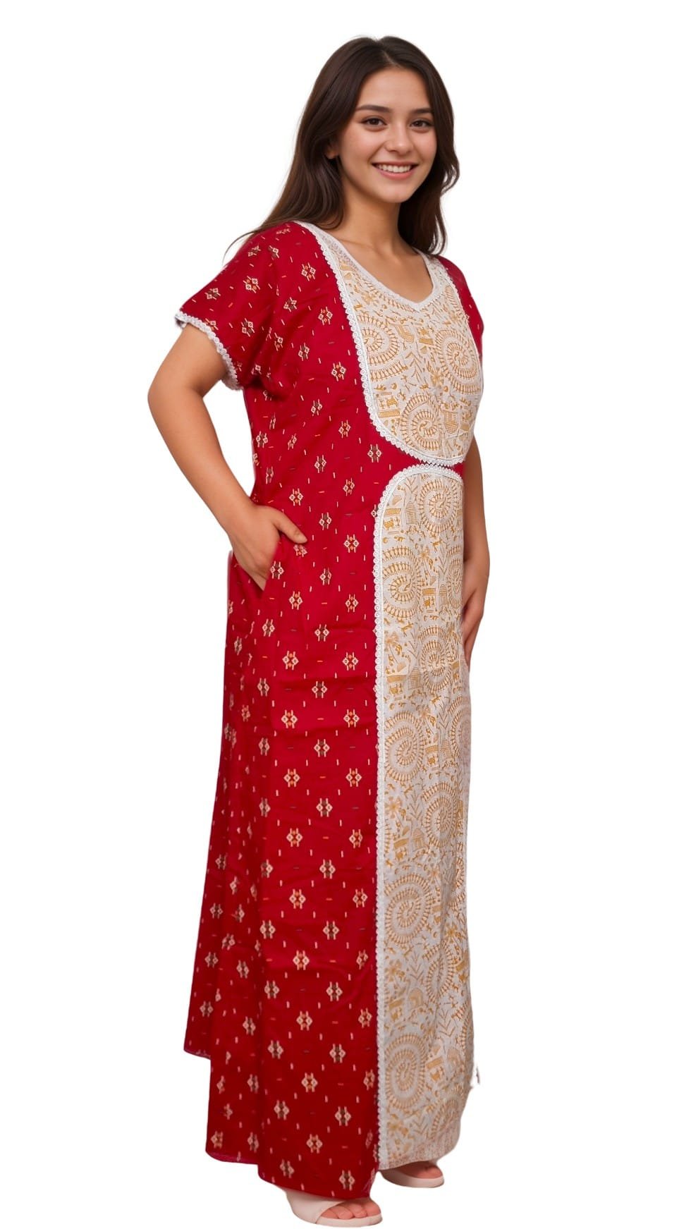 N107 3 Red Patchwork A-Line Pure Cotton Designer Nighty