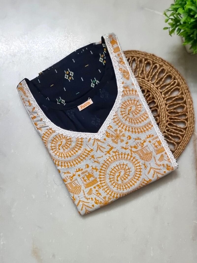 Navy Blue & White Patchwork A-Line Pure Cotton Designer Nighty