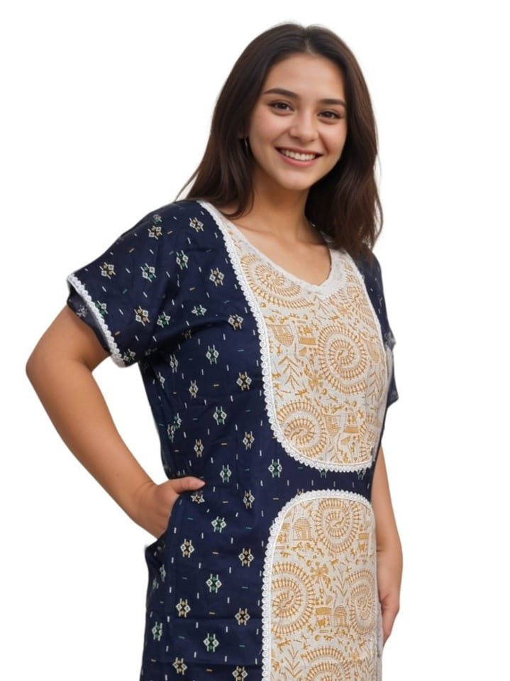 Navy Blue & White Patchwork A-Line Pure Cotton Designer Nighty