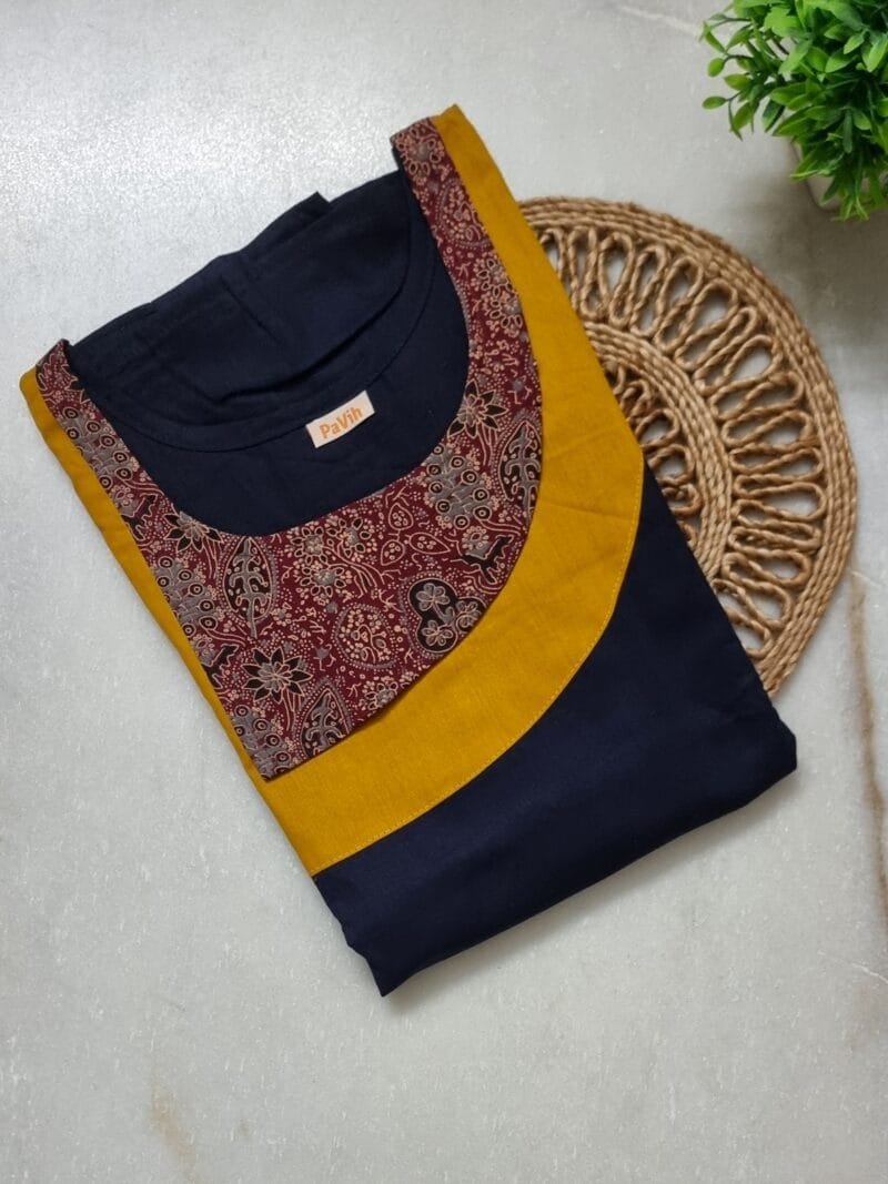 Navy Blue & Yellow A-Line Pure Cotton Designer Nighty