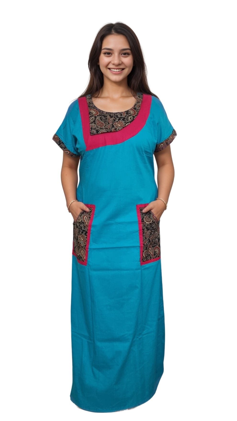 N113 3 Blue A-Line Pure Cotton Designer Nighty