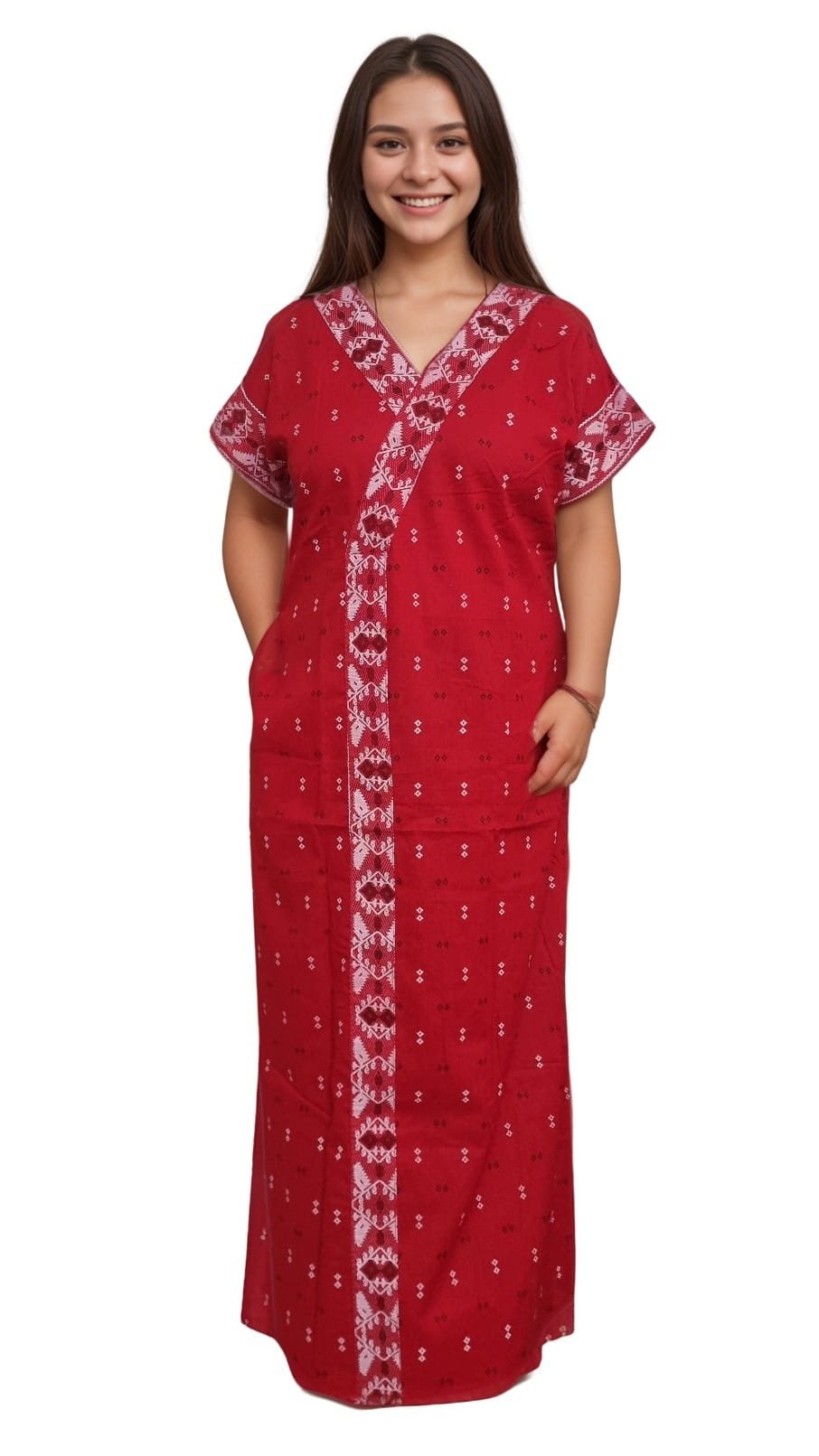 N115 2 Red and White Jamdani Print Mul Cotton A-line Designer Nighty - Image 3