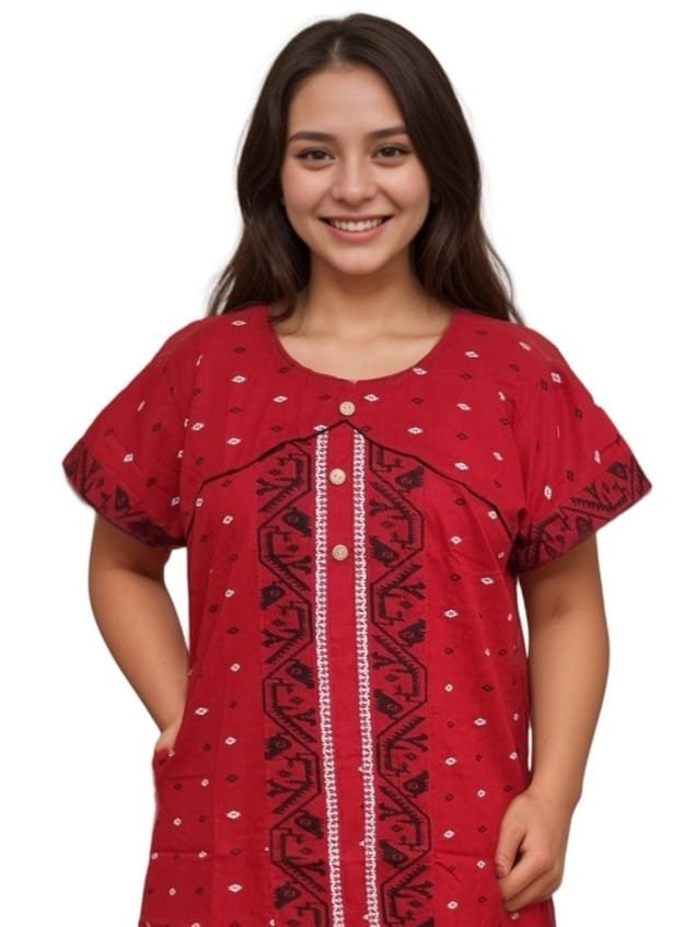 Red and Black Jamdani Print Mul Cotton A-Line Nighty (D:1)