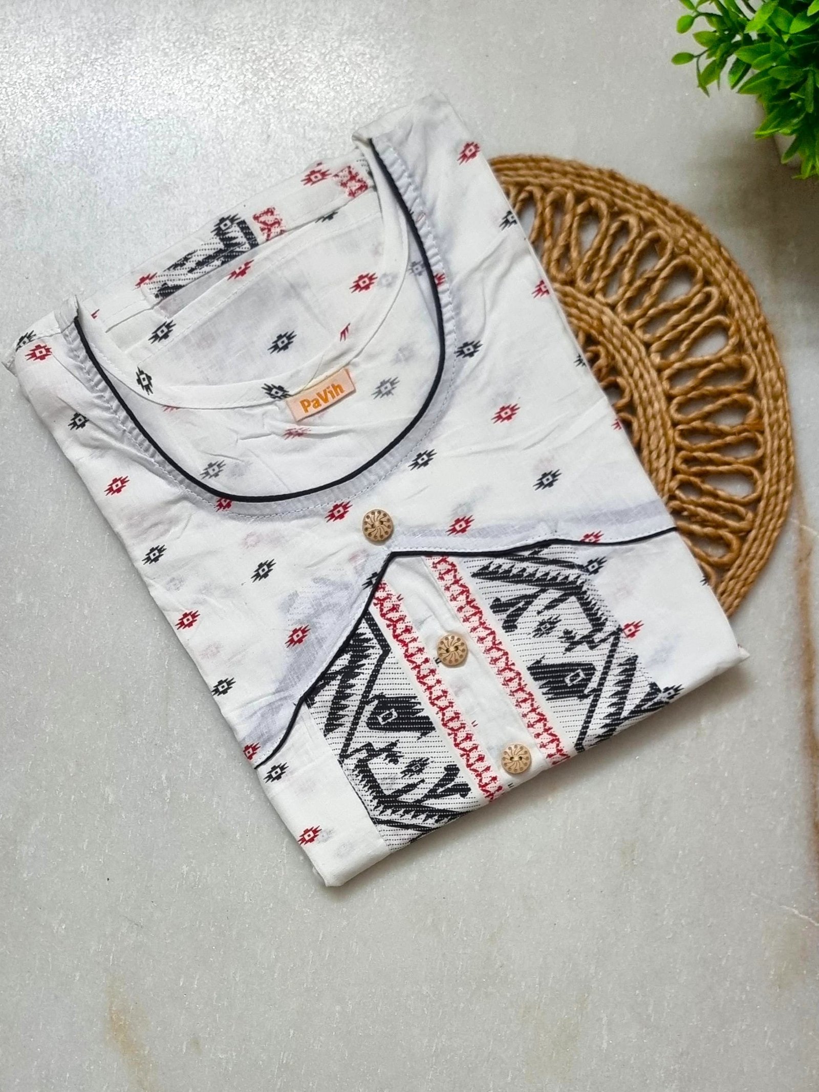 N118 1 White, Black & Red Jamdani Print Mul Cotton A-Line Nighty (D:1) - Image 2