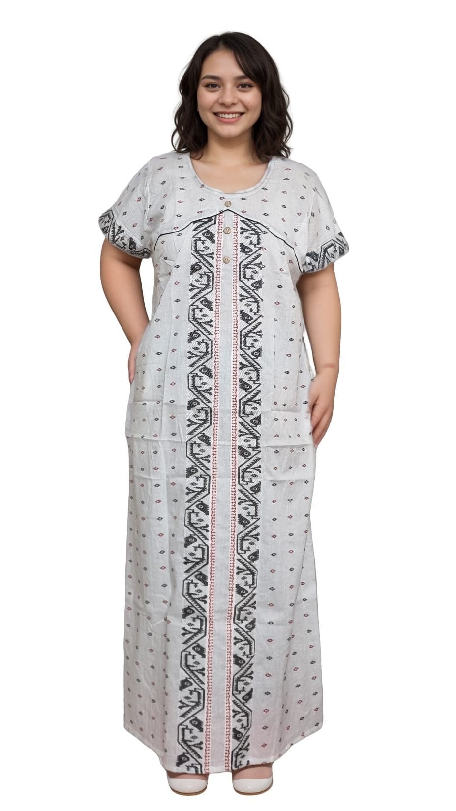 N118 2 White, Black & Red Jamdani Print Mul Cotton A-Line Nighty (D:1) - Image 3