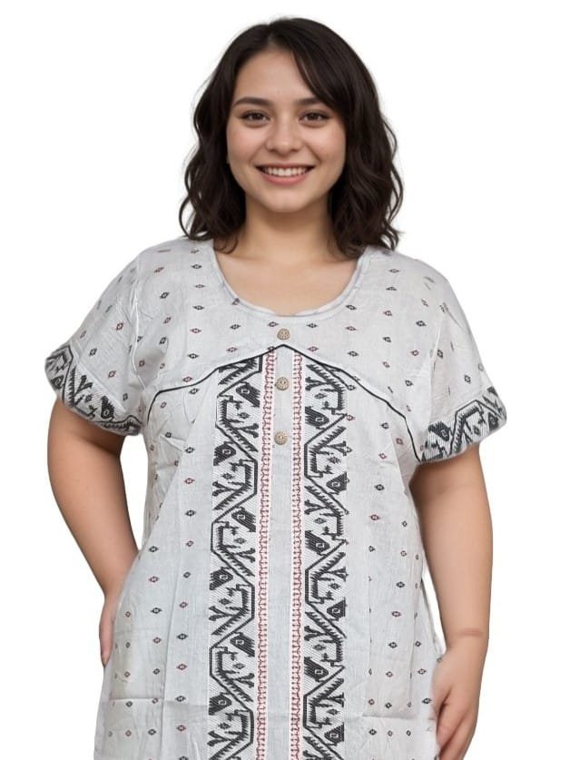 White, Black & Red Jamdani Print Mul Cotton A-Line Nighty (D:1)