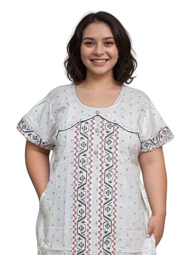 White, Black & Red Jamdani Print Mul Cotton A-Line Nighty (D:2)