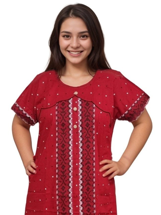 Red and Black Jamdani Print Mul Cotton A-Line Nighty (D:2)