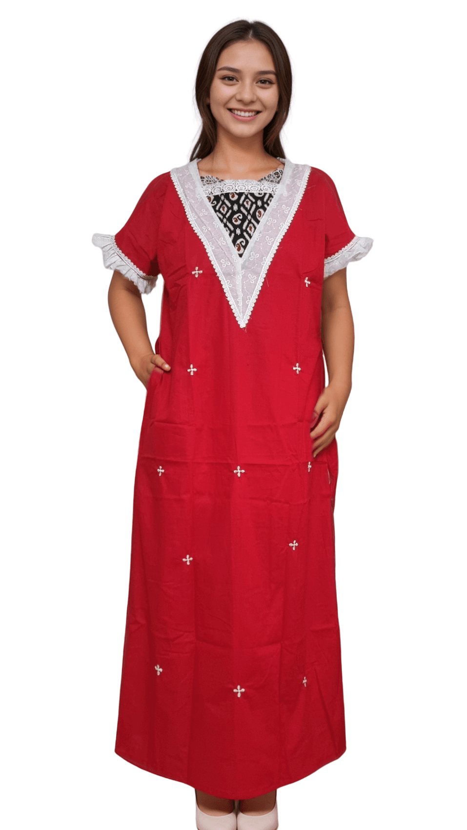 N128 1 Lace Neck A-Line Designer Cotton Nighty