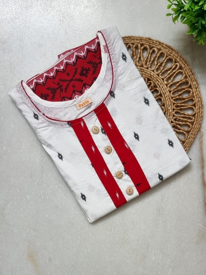 White, Red & Black Jamdani Print Mul Cotton A-Line Designer Nighty