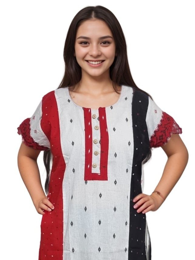 White, Red & Black Jamdani Print Mul Cotton A-Line Designer Nighty
