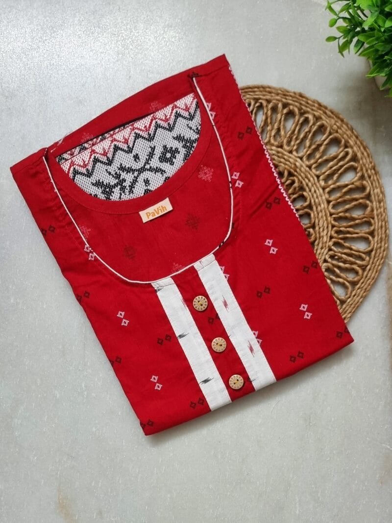 Red, White & Black Jamdani Print Mul Cotton A-Line Designer Nighty (D:2)