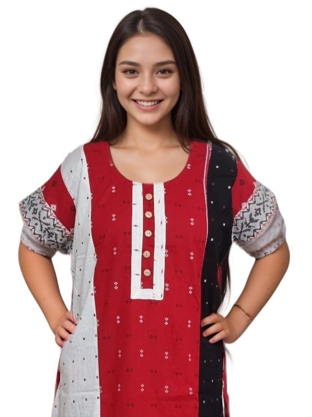 Red, White & Black Jamdani Print Mul Cotton A-Line Designer Nighty (D:2)