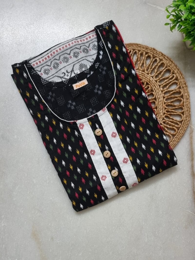 Black, White & Red Jamdani Print Mul Cotton A-Line Designer Nighty (D:3)