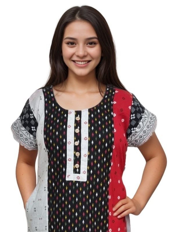 Black, White & Red Jamdani Print Mul Cotton A-Line Designer Nighty (D:3)