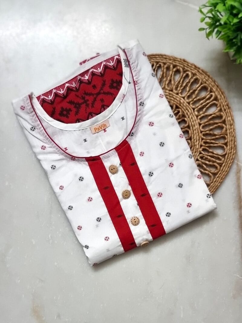 White, Red & Black Jamdani Print Mul Cotton A-Line Designer Nighty (D:2)