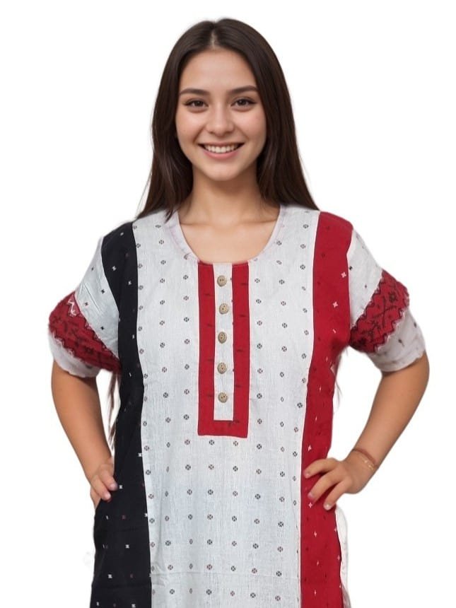 White, Red & Black Jamdani Print Mul Cotton A-Line Designer Nighty (D:2)