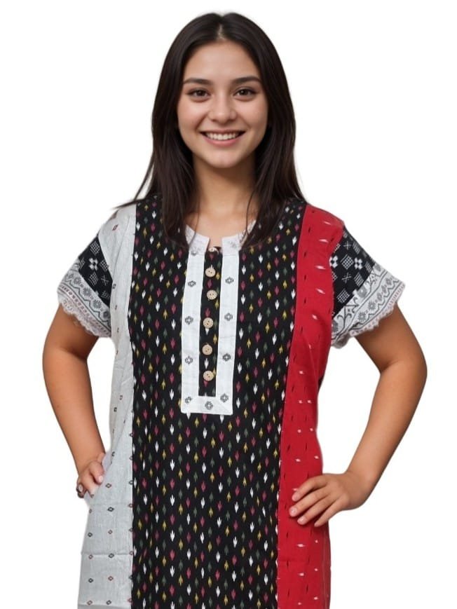 Black, White & Red Jamdani Print Mul Cotton A-Line Designer Nighty (D:2)