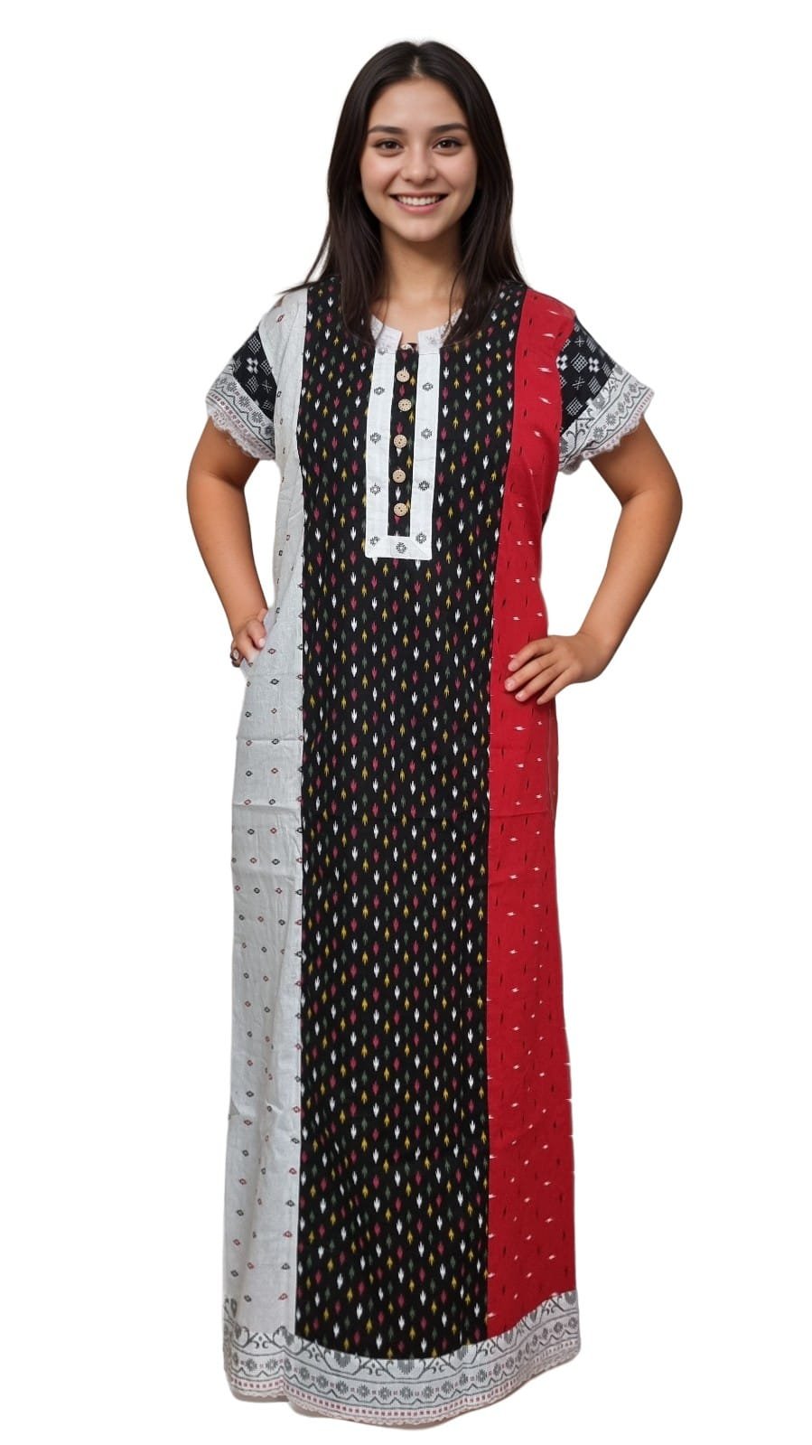 N133 3 Black, White & Red Jamdani Print Mul Cotton A-Line Designer Nighty (D:2)