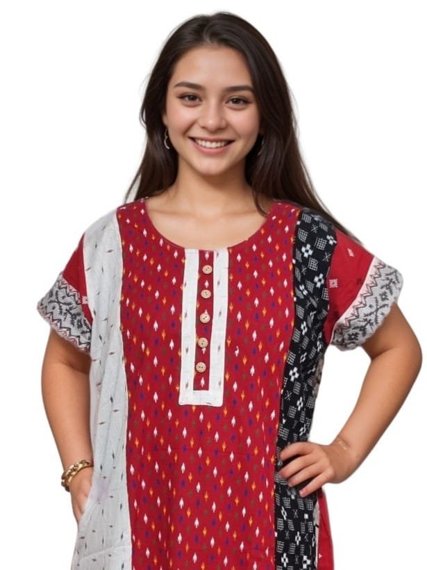 Red, White & Black Jamdani Print Mul Cotton A-Line Designer Nighty (D:1)