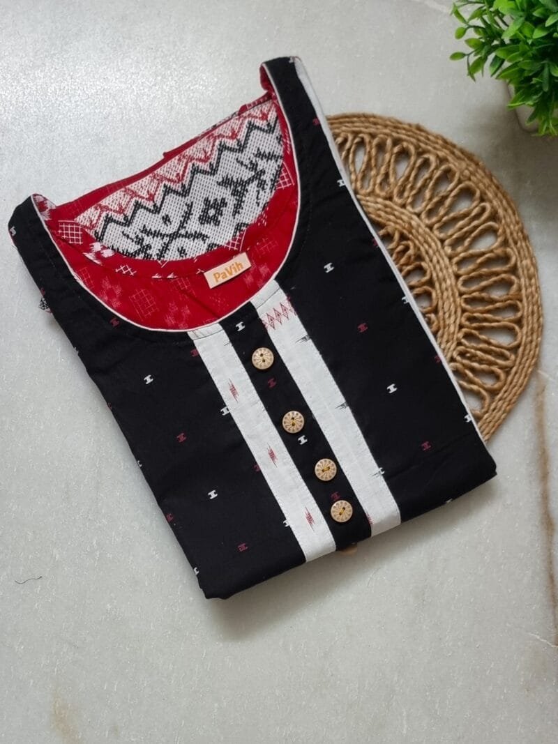 Black, White & Red Jamdani Print Mul Cotton A-Line Designer Nighty