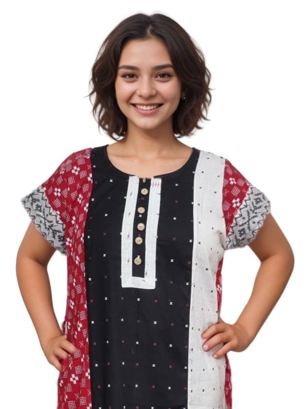 Black, White & Red Jamdani Print Mul Cotton A-Line Designer Nighty