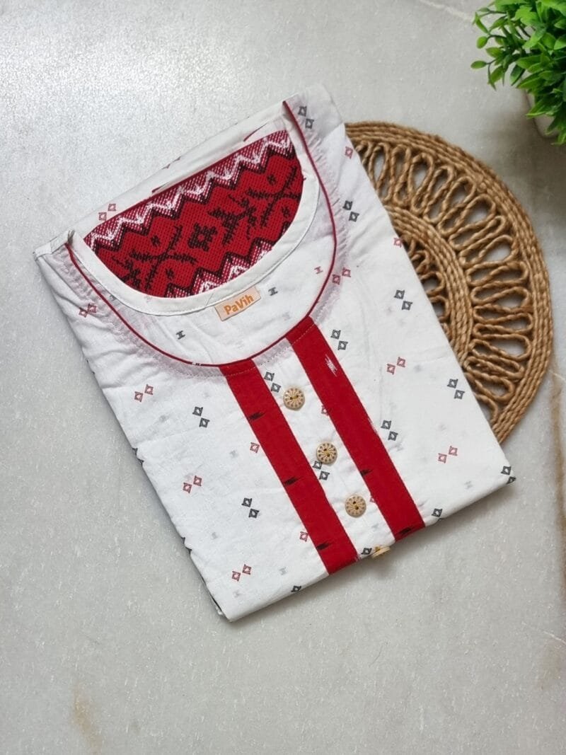 White, Red & Black Jamdani Print Mul Cotton A-Line Designer Nighty (D:1)