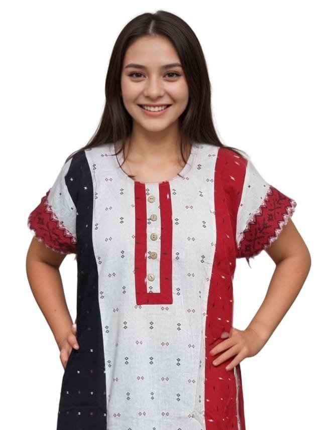 White, Red & Black Jamdani Print Mul Cotton A-Line Designer Nighty (D:1)
