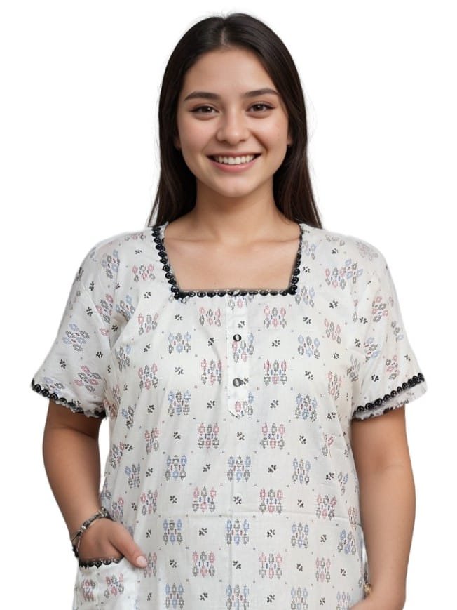 pavih White Printed Pure Cotton A-Line Night