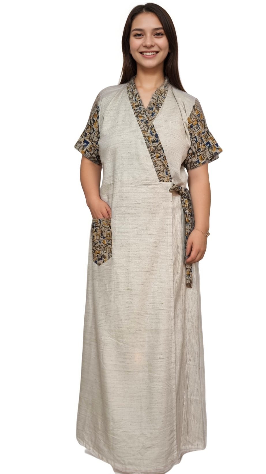 N87 2 1 Off-White Kalamkari Premium Cotton Housecoat - Image 3