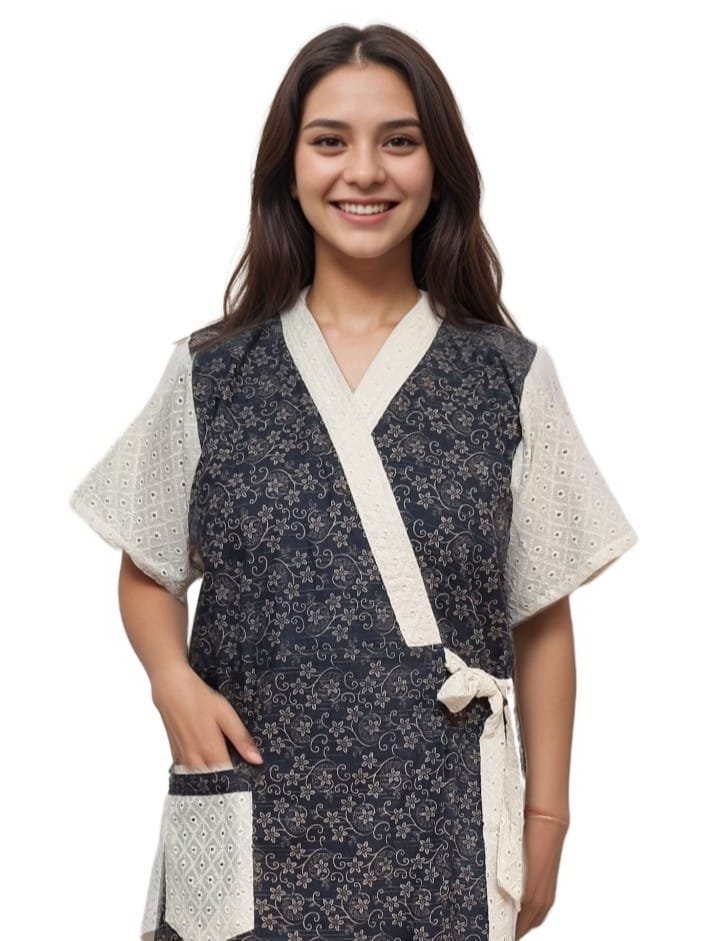 Navy Blue & White Hakoba Blended Cotton Housecoat