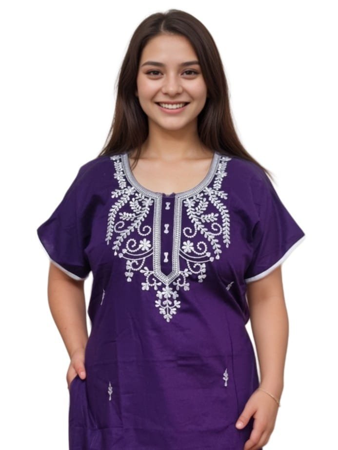 Experience comfort with elegance in this Embroidery A-Line 100% Pure Cotton Designer Nighty, crafted for women who value both style and relaxation. Made from premium pure cotton fabric, this cotton nighty for women is soft, breathable, and gentle on the skin, making it ideal for Indian weather and all-season use. The beautiful embroidery detailing adds a designer touch, while the A-line silhouette ensures a relaxed and flattering fit for all body types. Lightweight and airy, this ladies cotton night dress allows free movement, making it perfect for sleepwear, nightwear, loungewear, and daily home wear. Designed for everyday comfort, this pure cotton designer nighty combines durability with timeless style. Whether you’re relaxing at home or enjoying a peaceful night’s sleep, this comfortable cotton nightgown is a perfect addition to your nightwear collection. purple cotton nighty embroidered nighty for women pure cotton designer nighty a line nighty for women ladies cotton night dress cotton nighty for women maxi nighty cotton comfortable nightwear for women cotton night gown daily wear nighty