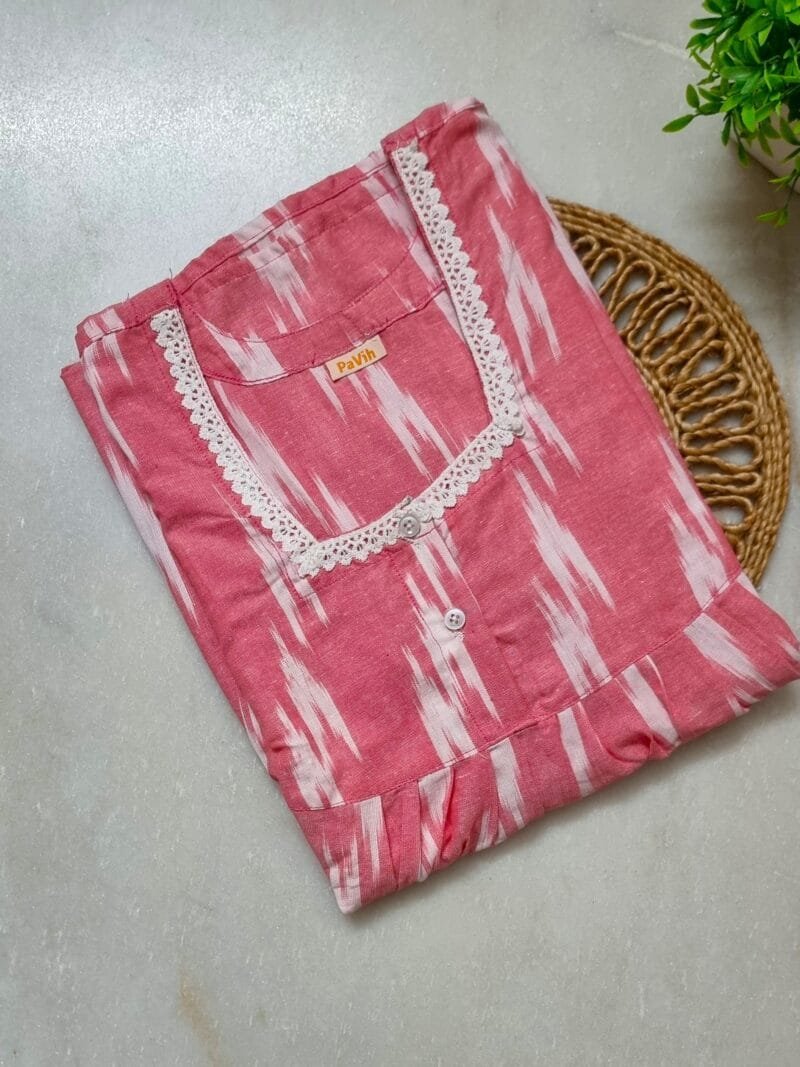 Pink & White Ikkat Premium Cotton Nighty