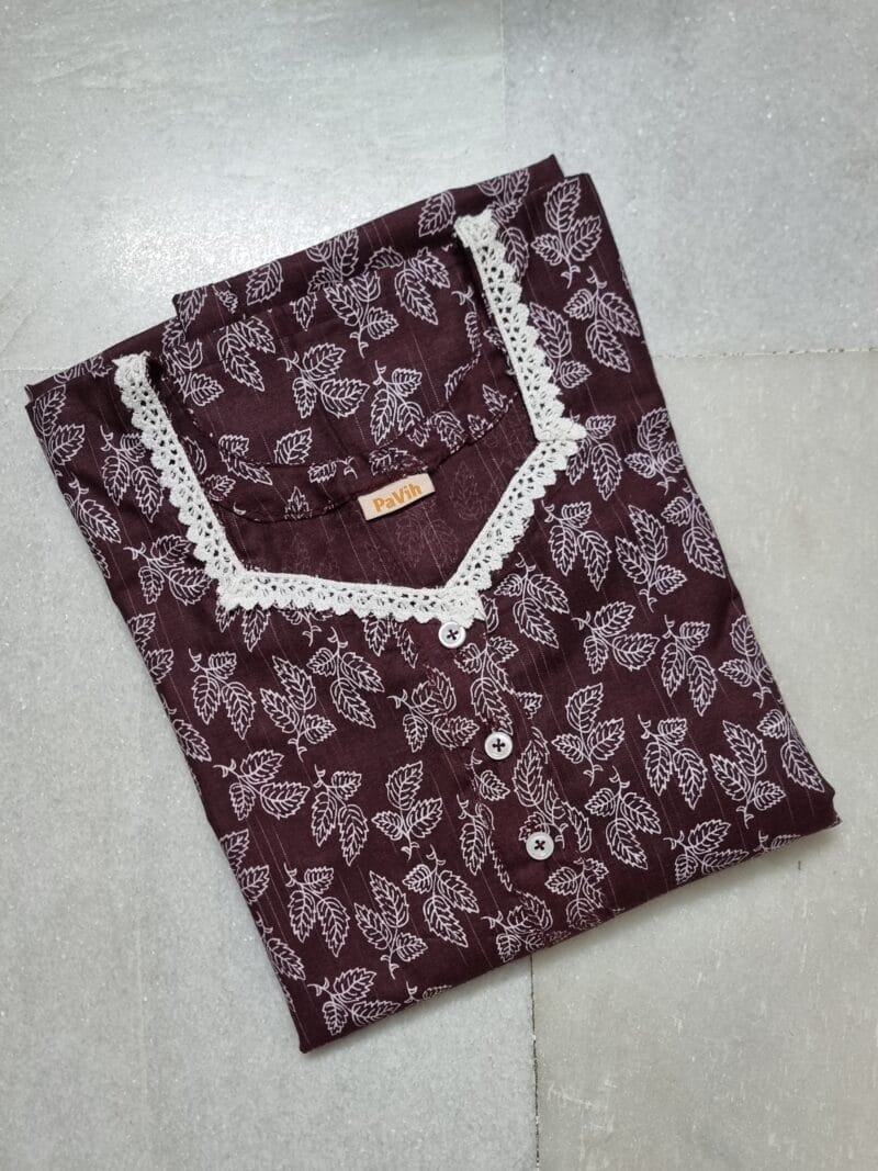 Brown Leaf Printed A-Line Cotton Nighty
