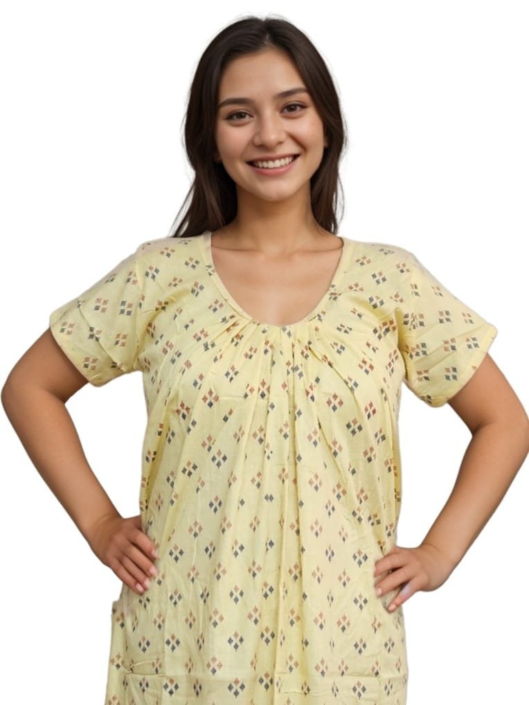 Yellow Round Neck Printed Pure Cotton Nighty