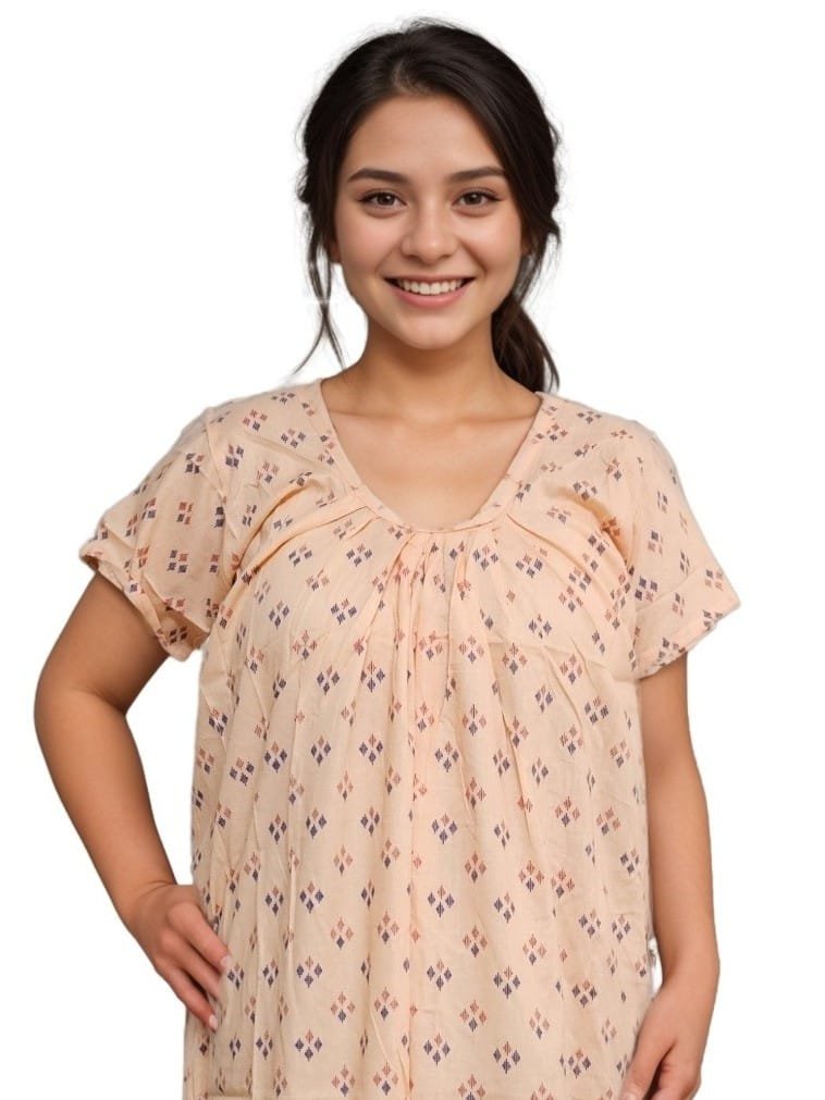 Cream Round Neck Printed Pure Cotton Nighty
