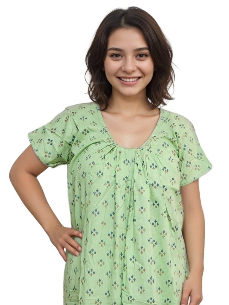 Green Round Neck Printed Straight Cut Pure Cotton Nighty