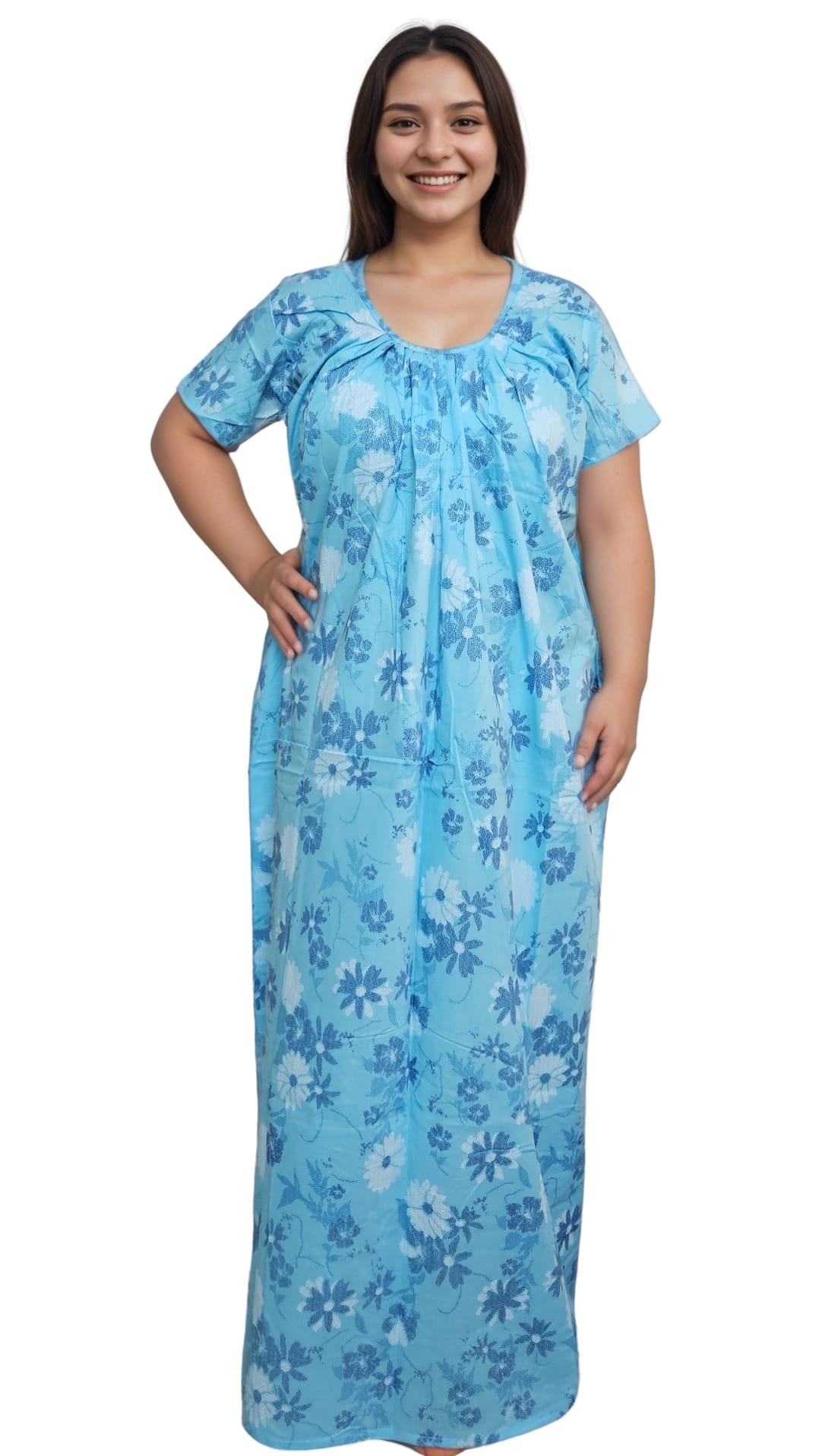 N149 2 Blue Round Neck Printed Straight Cut Nighty - N149 - Image 3