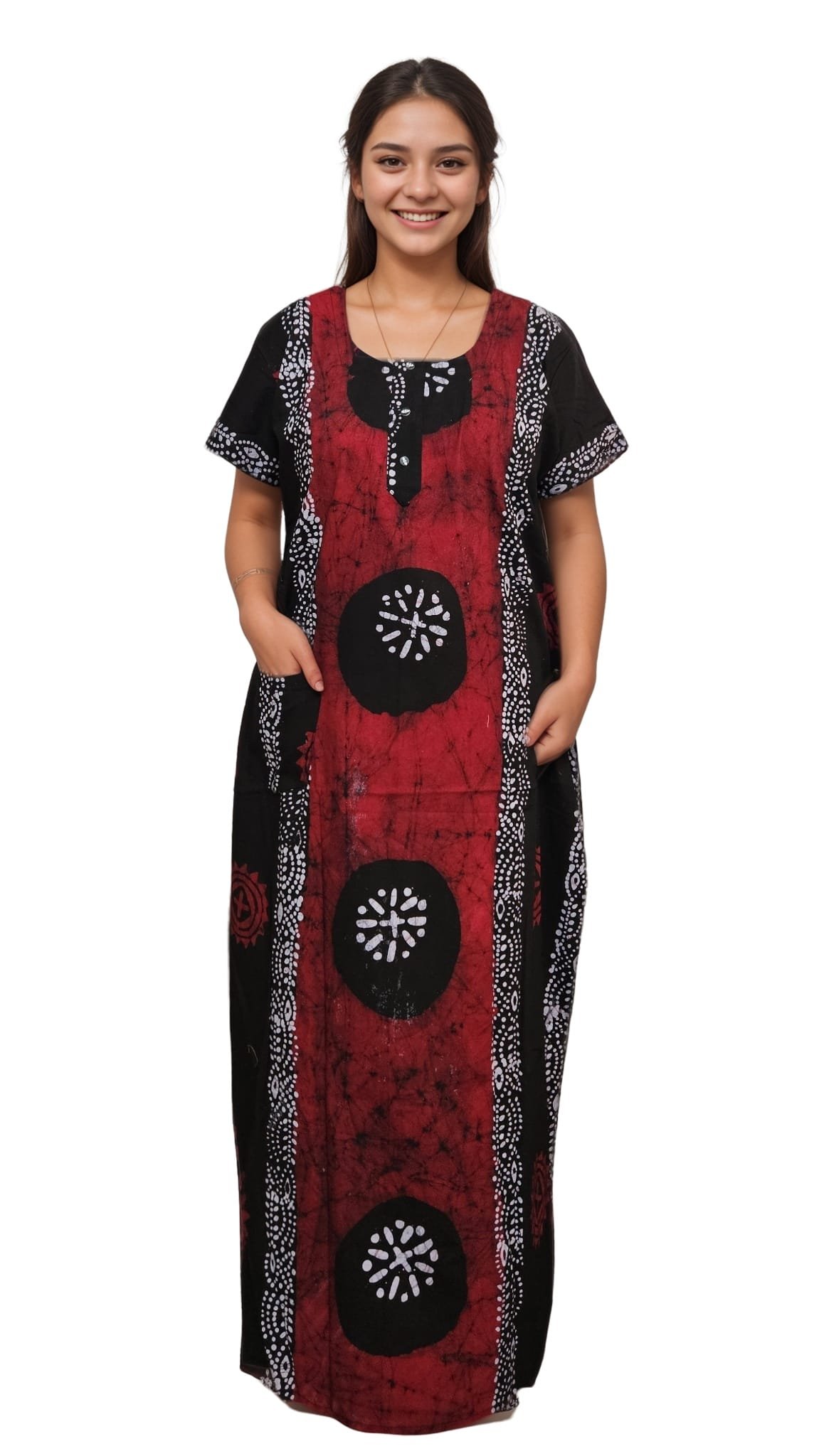 N154 1 Red Black Real Batik Pure Cotton A-Line Nighty -N154 - Image 3