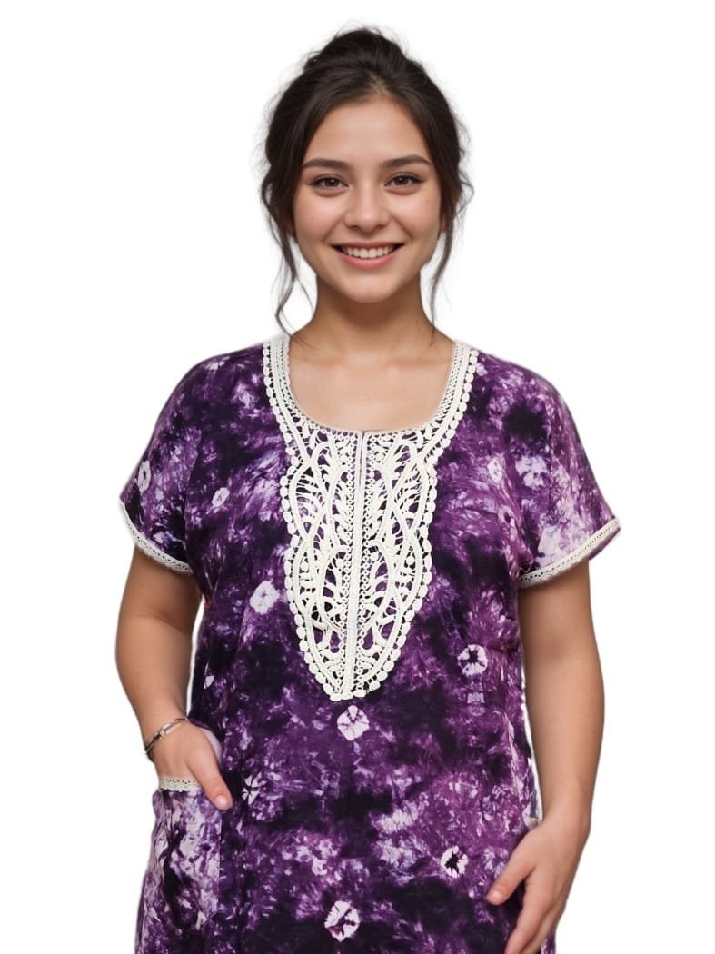 Pavih Violet Real Bandhni Pure Cotton A-Line Designer Nighty with Lace and Pocket