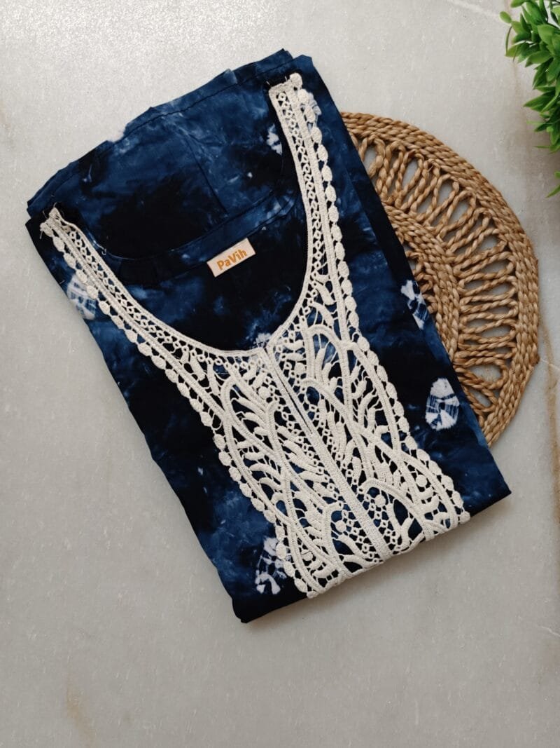 Pavih Blue Real Bandhni Pure Cotton A-Line Designer Nighty with Lace and Pocket