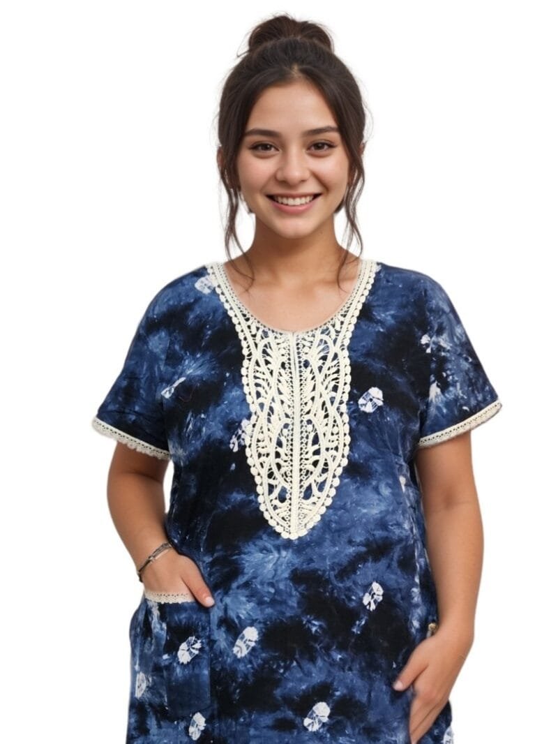 Pavih Blue Real Bandhni Pure Cotton A-Line Designer Nighty with Lace and Pocket