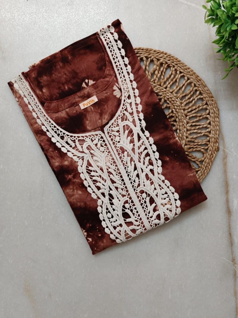 Pavih Brown Real Bandhni Pure Cotton A-Line Designer Nighty with Lace and Pocket