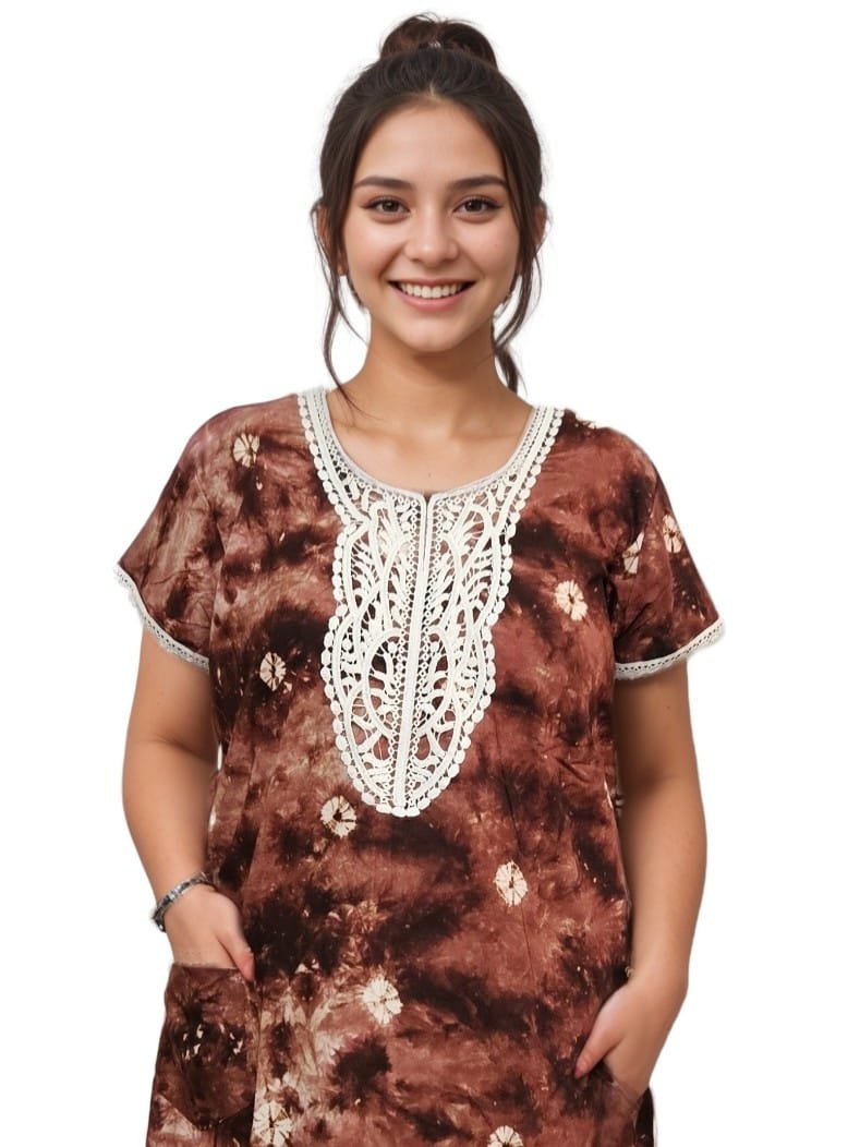 Pavih Brown Real Bandhni Pure Cotton A-Line Designer Nighty with Lace and Pocket