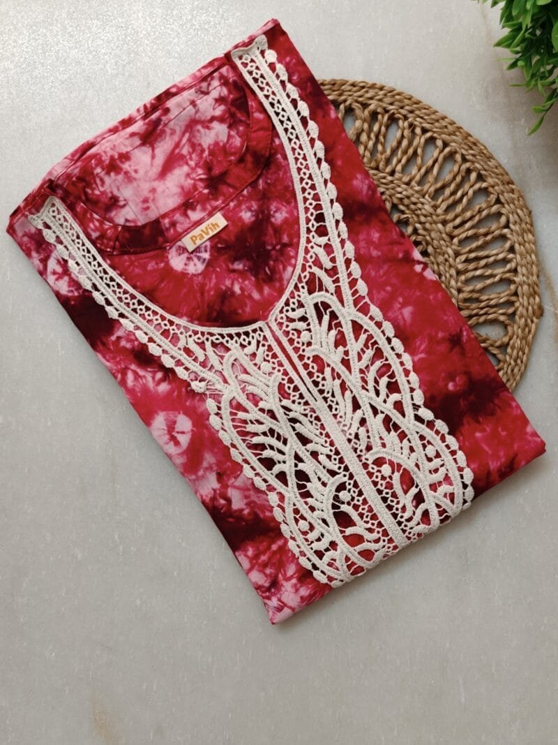 Pavih Crimson Red Real Bandhni Pure Cotton A-Line Designer Nighty with Lace and Pocket