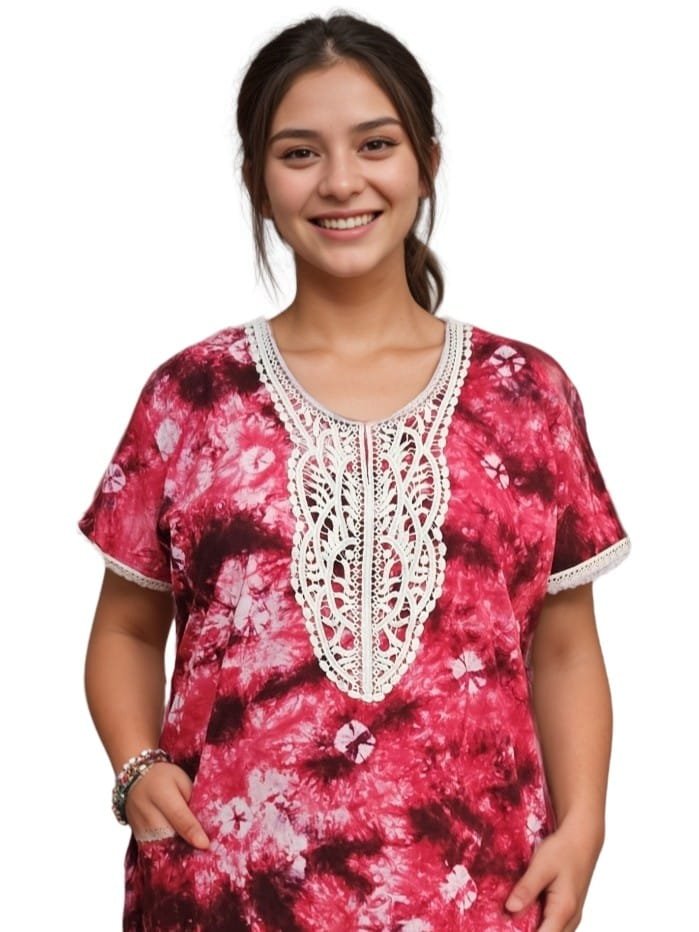 Pavih Crimson Red Real Bandhni Pure Cotton A-Line Designer Nighty with Lace and Pocket