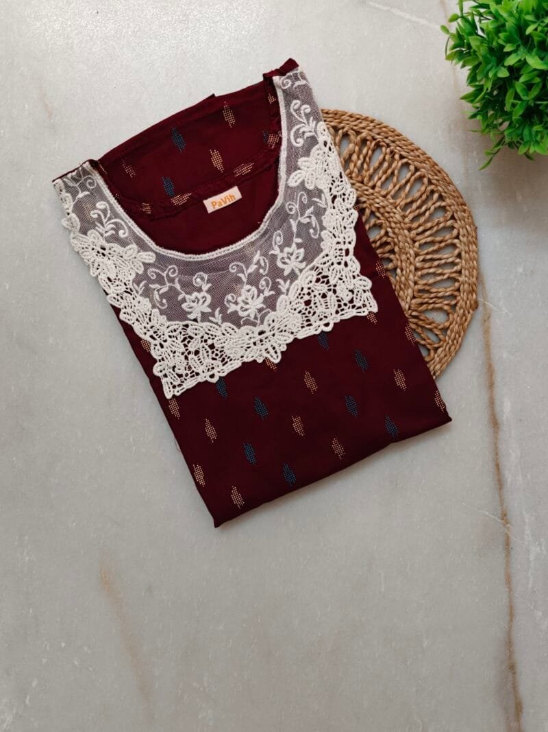 Pavih Maroon A-Line Pure Cotton Nighty with Neck Lace and Pocket